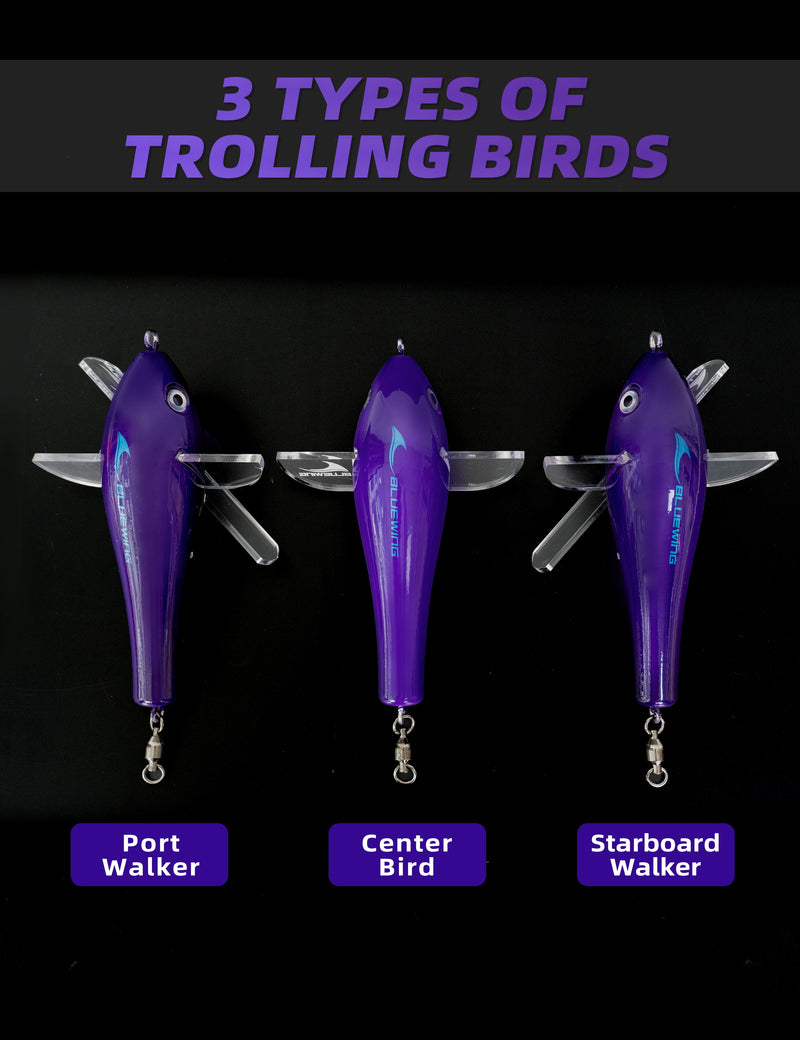 Bluewing 36" Fishing Spreader Bar Starboard Canyon with 9" Floating Squids, Trolling Birds and 316 Stainless Steel Rod - Black/Purple