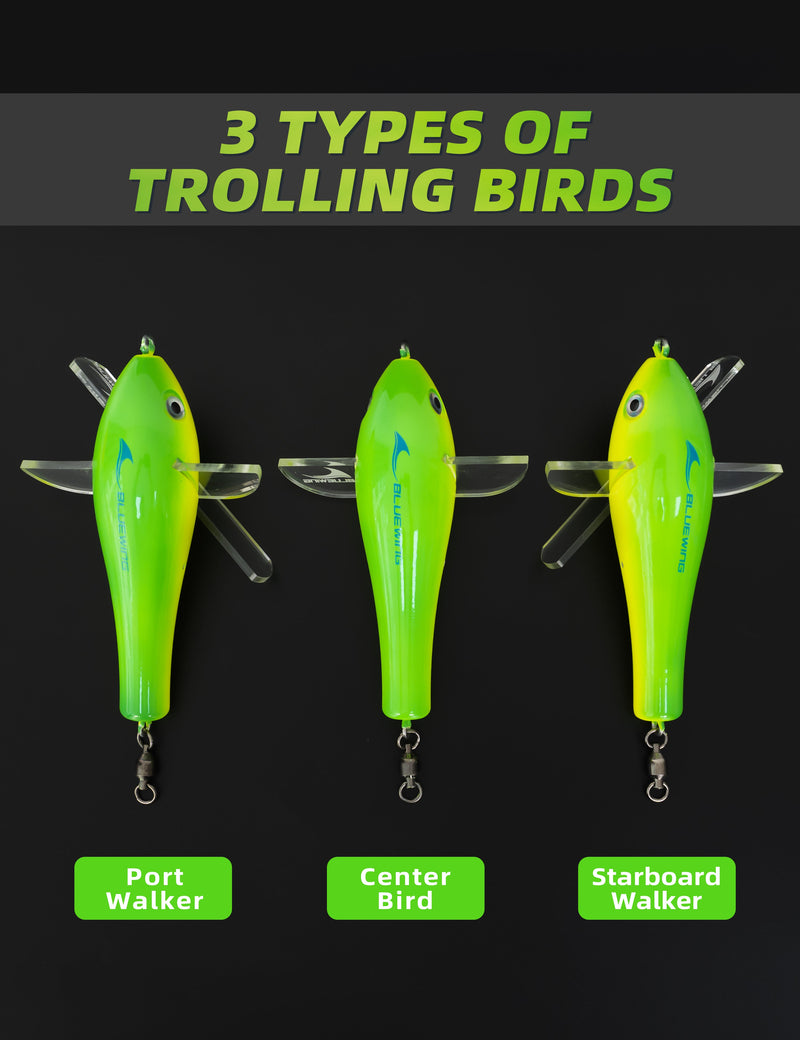 Bluewing 36" Fishing Spreader Bar Starboard Canyon with 6" Floating Squids, Trolling Birds and 316 Stainless Steel Rod - Yellow/Green